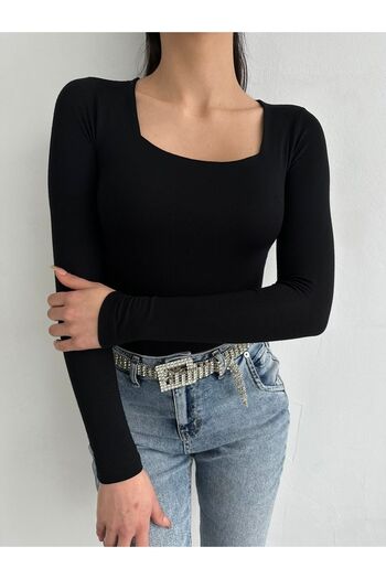 laughs Women's Square Collar Long Sleeve Front Double Layer Plain Basic Slim Blouse Blz1184