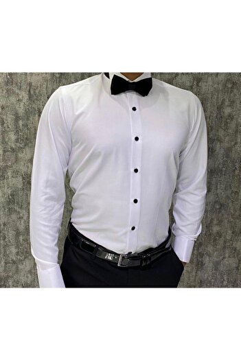 Terziayhan Смугаста сорочка Slim Fit Біла сорочка з коміром-стійкою Рукав з ґудзиками Подарунок