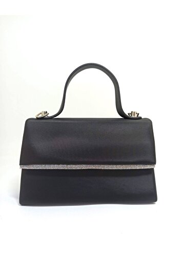 dizaynbag Women's black satin fabric mini evening bag with silver stone accessories