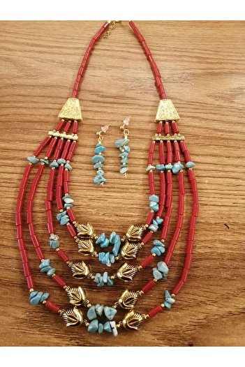 azra takı tasarım Handmade, turquoise necklace, natural stone, red, blue women's short necklace and earring set
