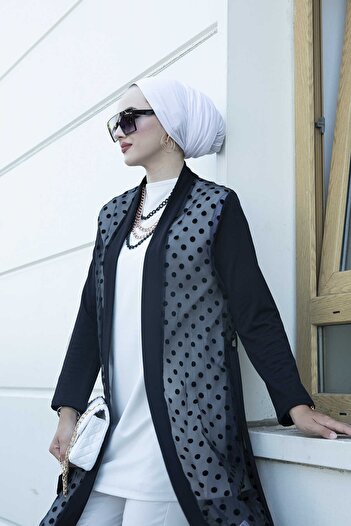 EBRUTESETTÜR Λεπτομερής πουά τούλι Abaya 350TH-8007 Μαύρο