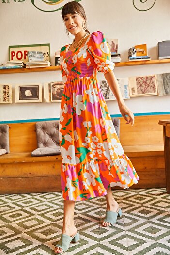 Olalook Women's Orange Pink Elastic Casual Woven Viscose Dress ELB-19001483
