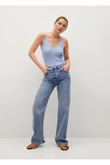 MANGO Woman Top de damă din tricot albastru cu nervuri