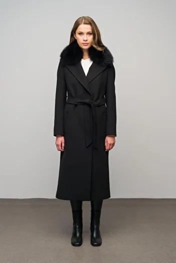 emiralife Fur Collar Punto Stitched Cashmere Coat Black 3542-Tk
