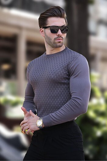 Madmext Men's Knitwear Sweater - Dark Gray Patterned, Model 7266