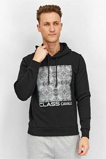 Cavalli Class Men Long Sleeve Graphic Print Hooded Sweatshirt, Black
