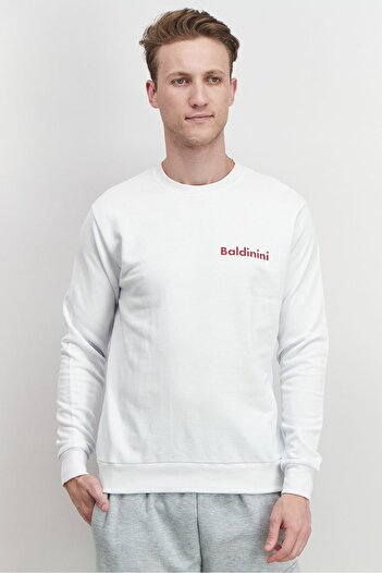 Baldinini Men Crew Neck Brand Print Long Sleeves Sweatshirt, White and Red
