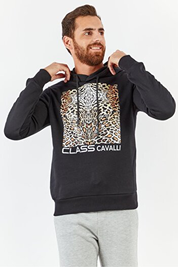 Cavalli Class Men Hooded Tiger Print Long Sleeve Sweatshirts, Black