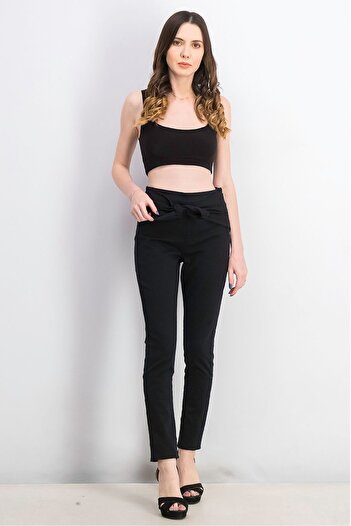 Scotch & Soda Women Regular Fit Plain Belted Stretchable Pants, Black