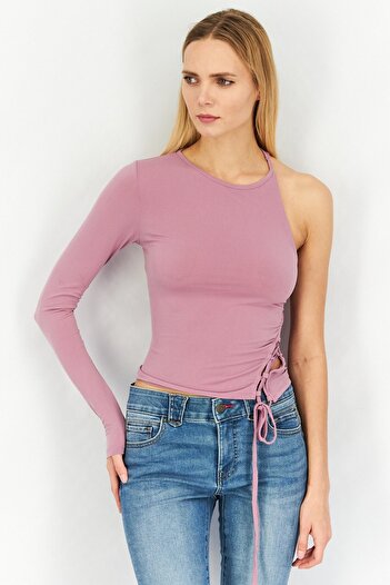NA-KD Women Round Neck One Shoulder Sleeve Tie Detail Top, Dusty Lavender