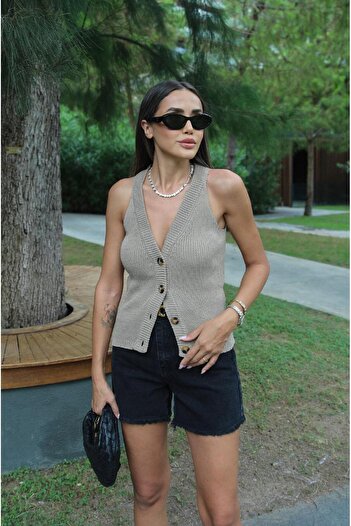 Havoş Mink Halter Collar Buttoned Vest