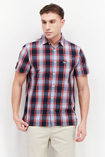 Perry Ellis Men Regular Fit Plaid Short Sleeve Casual Shirt, Blue