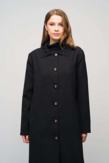 Olcay Plus Size Black Top Coat - Shirt Collar, Punto Stitching Detail and Lined 6615