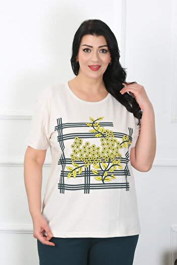 Akbeniz Σετ γυναικεία κρεμ πιτζάμες Plus Size 202402