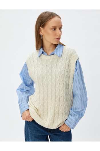 Koton Hair Knitted Textured Oversize Sweater - Crew Neck, Sleeveless