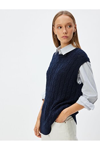 Koton Hair Knitted Textured Oversize Sweater - Crew Neck, Sleeveless