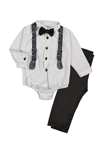 Mnk Cotton Baby Suit with Shirt and Bottom Snaps and Gabardine Trousers Navy Blue