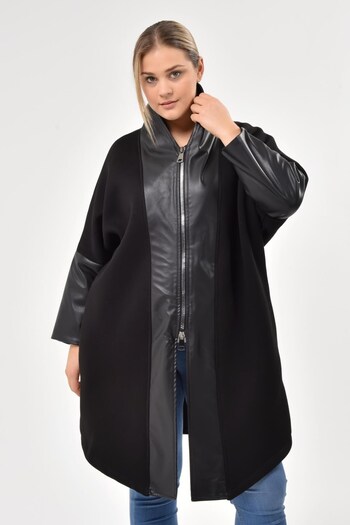 Zer Otantik Leather Placket Large Size Coat Black