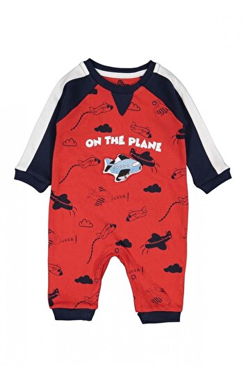 Mnk Embossed Airplane Motif Combed Cotton Baby Boy Jumpsuit Red