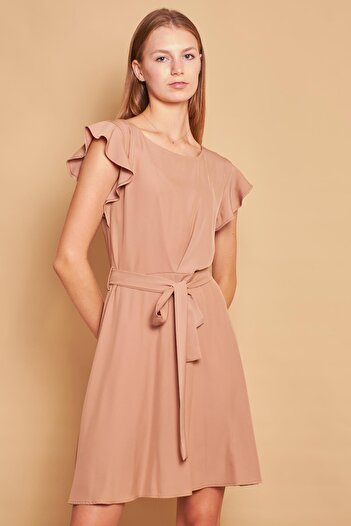 Jument Crepe Fabric Lightweight Lycra Boat Neck Sleeves Flounce Waist Lace Skirt Flared Office Dress-Camel