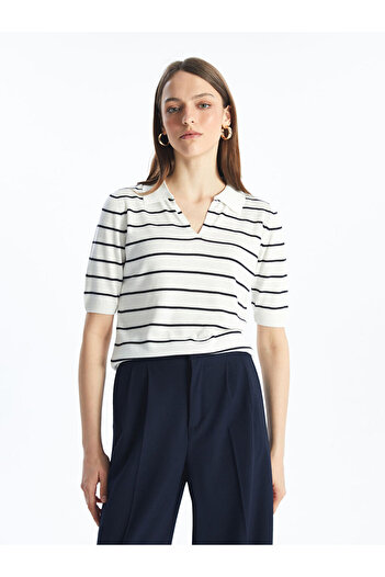 LC Waikiki Polo Neck Striped Short Sleeve Women's Knitwear Sweater - W40276Z8