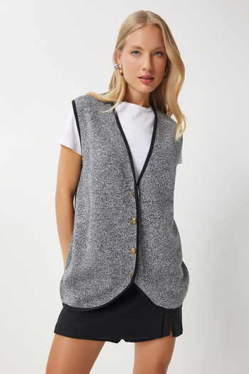 Happiness İstanbul Dark Gray Knitwear Vest - Women'S, Buttoned, Us00928