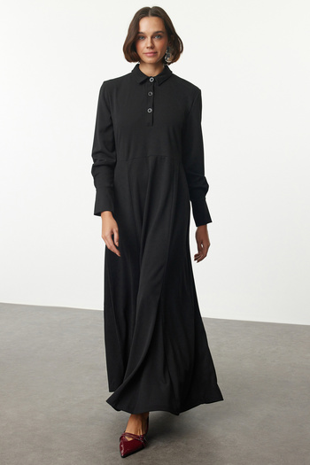 Trendyol Modest Μαύρη φούστα με γιακά πουκάμισο με κουμπιά πλεκτό φόρεμα TCTAW25EB00073