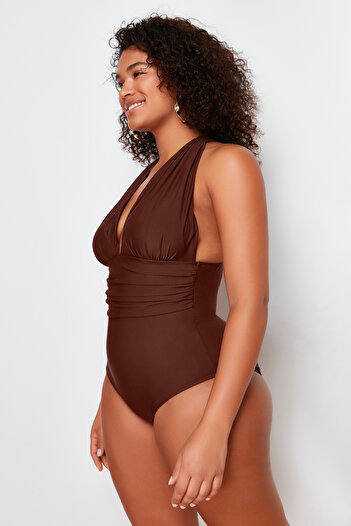 Trendyol Curve Plus Size Brown Swimsuit - Deep V, Cross Waist Drawstring Detail Tbbss23Am00000