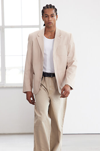 Trendyol Collection Limited Edition Stone 100% Cotton Silm Fit Herringbone Woven Blazer Jacket Tmnaw25Bc00001