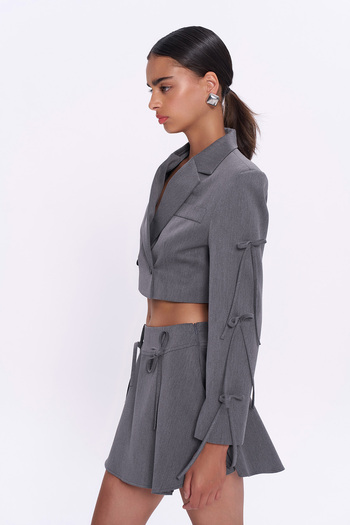 Quzu Grey Crop Blazer - Φιόγκος Λεπτομερή μανίκια