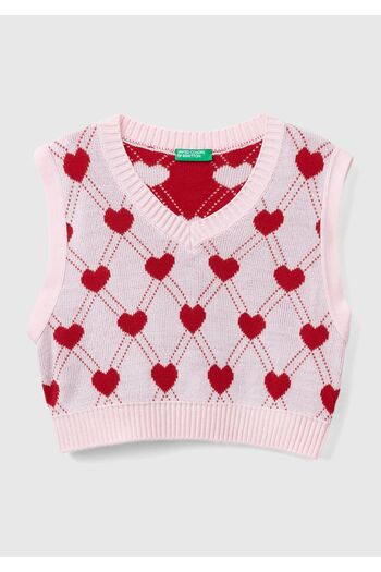 United Colors of Benetton Kız Çocuk Açık Pembe Tamamı Kalp Desenli Kolsuz V Yaka Süveter