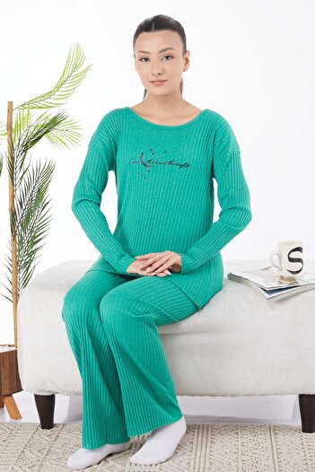 TOFİSA Green Printed Plain Crew Neck Long Sleeve Women's Pajamas Set - 24702