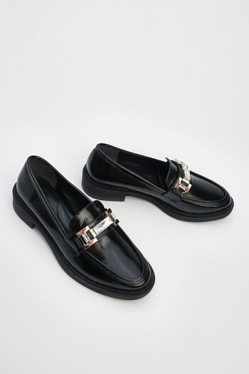 Marjin Women's Stone Buckle Loafer Casual Shoes Hosre Black Patent Leather