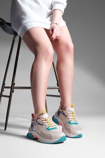 Marjin Women's Sneaker Lace-up High Sole Sequin Sports Shoes Tasep Beige