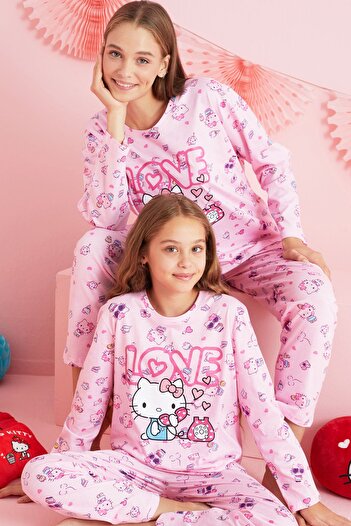 Siyah İnci Hello Kitty με άδεια - 100% βαμβακερό σετ πιτζάμες με λαιμόκοψη HK224