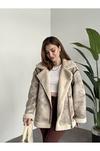 VESS MODA Women's Pied Detailed Laminated Long Stylish Cream Soft Leather Coat