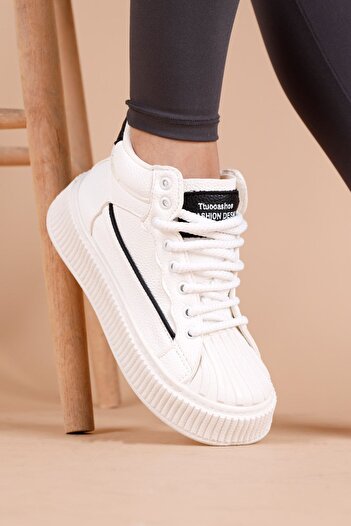 Getcho Latona Kadın Beyaz Siyah Günlük Sneaker Kalın Tabanlı Rahat Spor Ayakkabı Yüksek Taban Modern Model