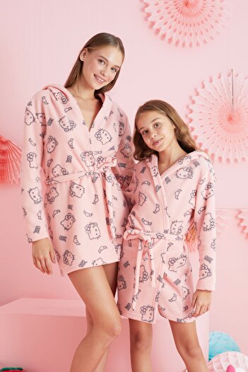 Siyah İnci Hello Kitty Licensed Fleece Salmon Hooded Dressing Gownhk401