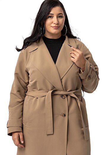 DISENTIS MODEST Plus Size Mono Neck Double Breasted Closure Slit Lined Long Mink Trench Coat