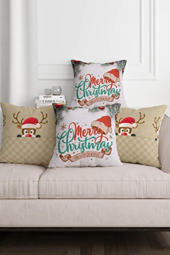 Sakallı Merry Christmas New Year's Themed - Deer Patterned Beige Throw Pillow Set of 4