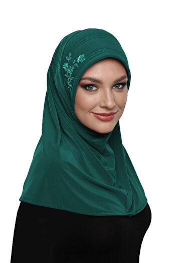 fidan bone Tactical Stone Handcrafted Bead Embroidered Green Ready-made Turban Hijab Bonnet Prayer Cover