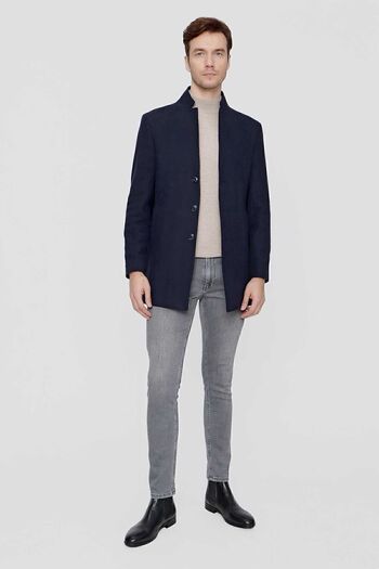 Morven Men's Navy Blue Plain Pattern Dynamic Fit Judge Collar Coat