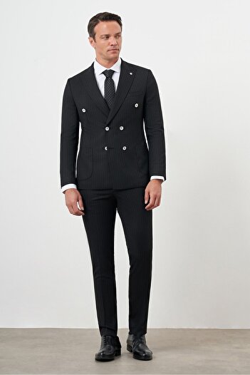 Morven Black Polyviscose Slim Fit Double Breasted Suit - Pointed Collar