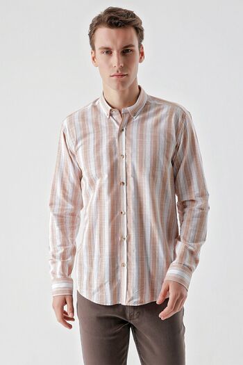 Morven Men's BROWN Cotton Flam Paneled Pattern Slim Fit Shirt
