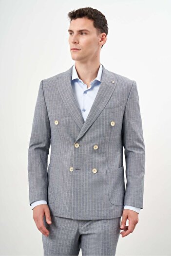 Morven Navy Blue Linen Slim Fit Suit - Double Breasted Pointed Collar