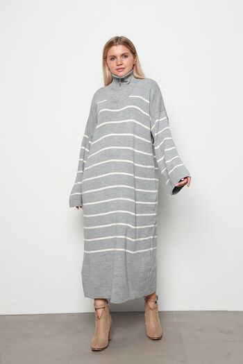 İKLİM LİFE Gray Thin Striped Zippered Knitwear Dress