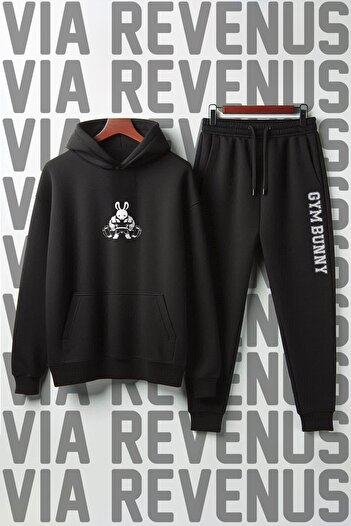 Vordevia Unisex Gym Bunny Printed - Σετ αθλητικών φόρμας με μαλακή κουκούλα με φαρδιά εφαρμογή