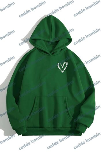 caddekombin Green Printed Heart Logo Sweatshirt - Oversize Winter Thick