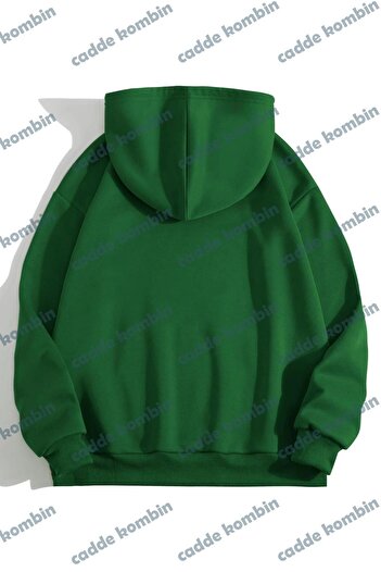 caddekombin Green Printed Heart Logo Sweatshirt - Oversize Winter Thick