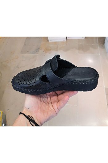 BELOX Women's Inside-Outside Genuine Leather Orthopedic Massage Sole Closed Front Black Perforated Slippers